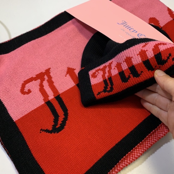 New Juicy Couture Scarf & Hat set, red, pink & black - Picture 7 of 8